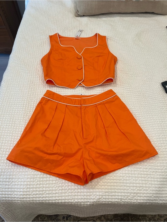 Day + Moon Tops - Cropped Orange Button Tank with White Piping and Matching Shorts Set
